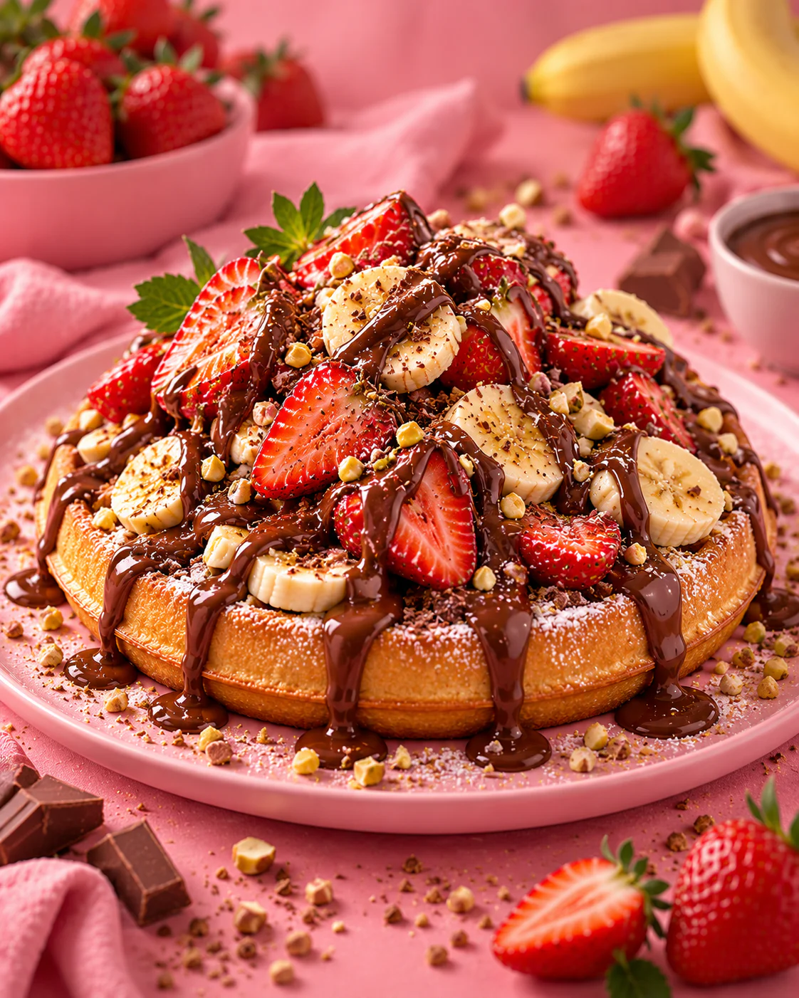 Çilekli ve muzlu waffle sunumu